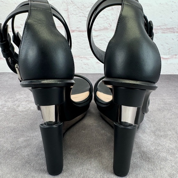Alexander McQueen Black Leather Trompe L’oeil Wedge Strappy Sandals 8.5 - Picture 7 of 16